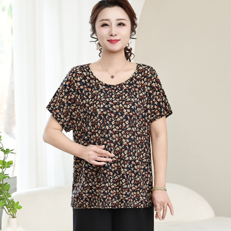 Poliesterska ženska majica za žene srednje dobi i starije, labav kroj, okrugli izrez, kratki rukav, cvjetni uzorak