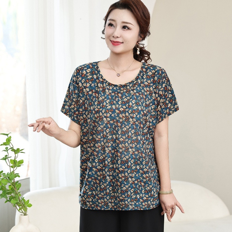 Poliesterska ženska majica za žene srednje dobi i starije, labav kroj, okrugli izrez, kratki rukav, cvjetni uzorak
