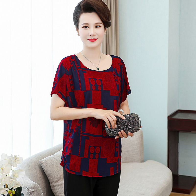 Poliesterska ženska majica za žene srednje dobi i starije, labav kroj, okrugli izrez, kratki rukav, cvjetni uzorak
