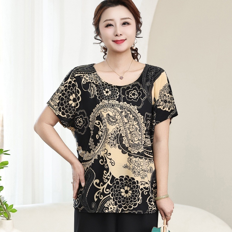 Poliesterska ženska majica za žene srednje dobi i starije, labav kroj, okrugli izrez, kratki rukav, cvjetni uzorak