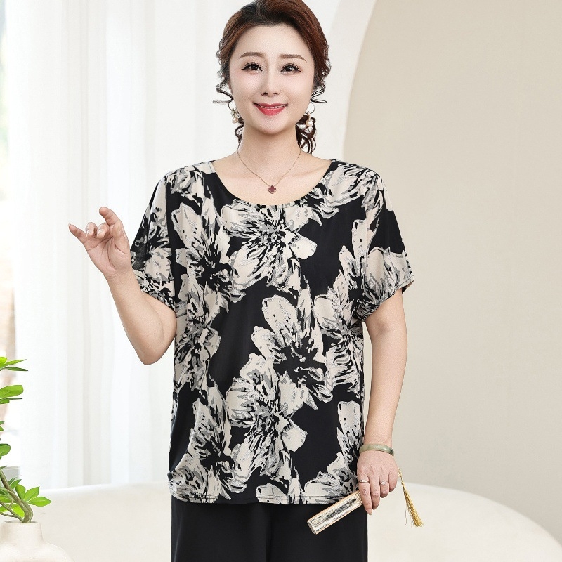 Poliesterska ženska majica za žene srednje dobi i starije, labav kroj, okrugli izrez, kratki rukav, cvjetni uzorak