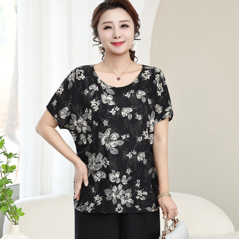 Poliesterska ženska majica za žene srednje dobi i starije, labav kroj, okrugli izrez, kratki rukav, cvjetni uzorak