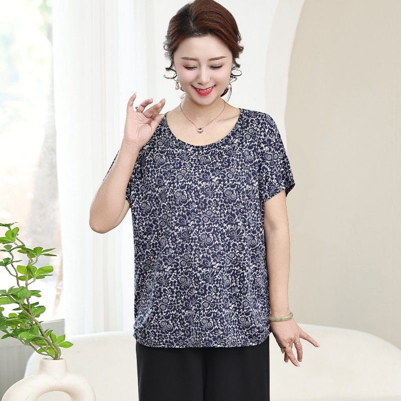 Poliesterska ženska majica za žene srednje dobi i starije, labav kroj, okrugli izrez, kratki rukav, cvjetni uzorak