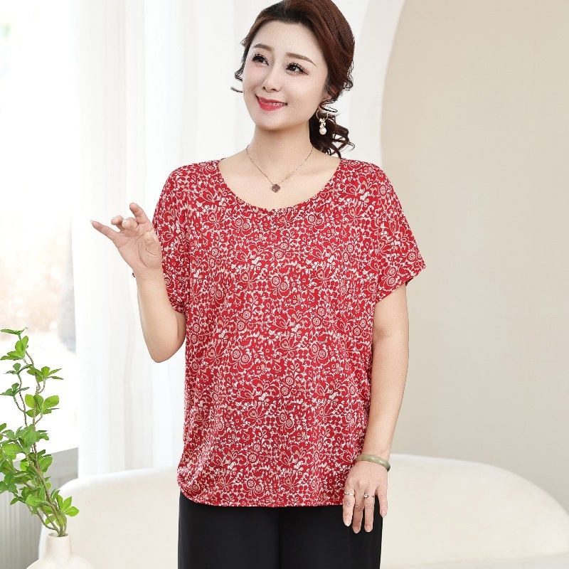 Poliesterska ženska majica za žene srednje dobi i starije, labav kroj, okrugli izrez, kratki rukav, cvjetni uzorak