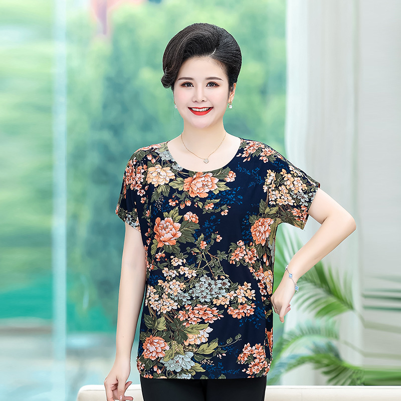 Poliesterska ženska majica za žene srednje dobi i starije, labav kroj, okrugli izrez, kratki rukav, cvjetni uzorak