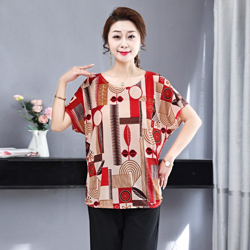 Poliesterska ženska majica za žene srednje dobi i starije, labav kroj, okrugli izrez, kratki rukav, cvjetni uzorak