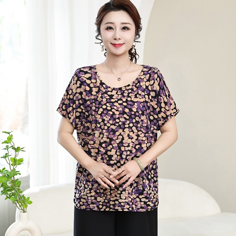 Poliesterska ženska majica za žene srednje dobi i starije, labav kroj, okrugli izrez, kratki rukav, cvjetni uzorak