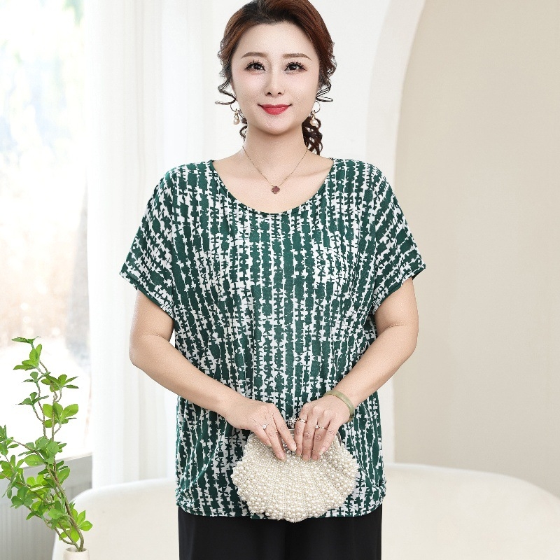 Poliesterska ženska majica za žene srednje dobi i starije, labav kroj, okrugli izrez, kratki rukav, cvjetni uzorak