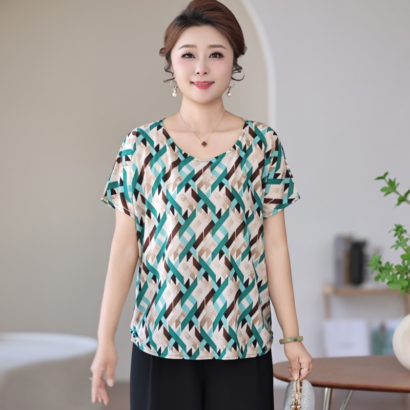 Poliesterska ženska majica za žene srednje dobi i starije, labav kroj, okrugli izrez, kratki rukav, cvjetni uzorak