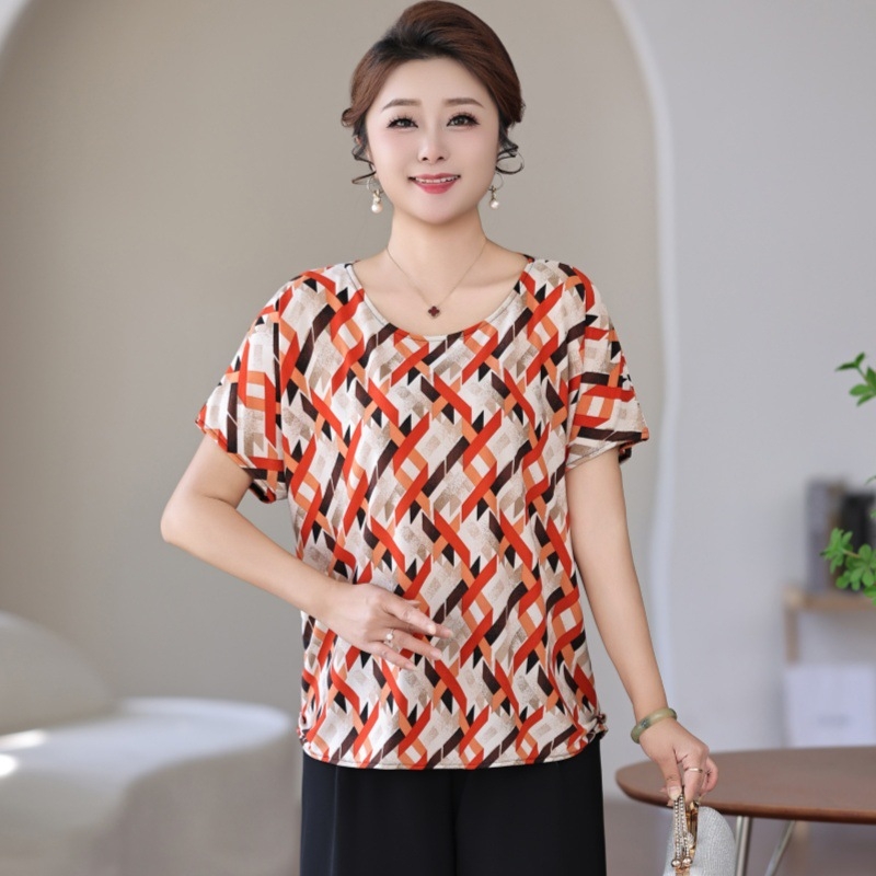 Poliesterska ženska majica za žene srednje dobi i starije, labav kroj, okrugli izrez, kratki rukav, cvjetni uzorak