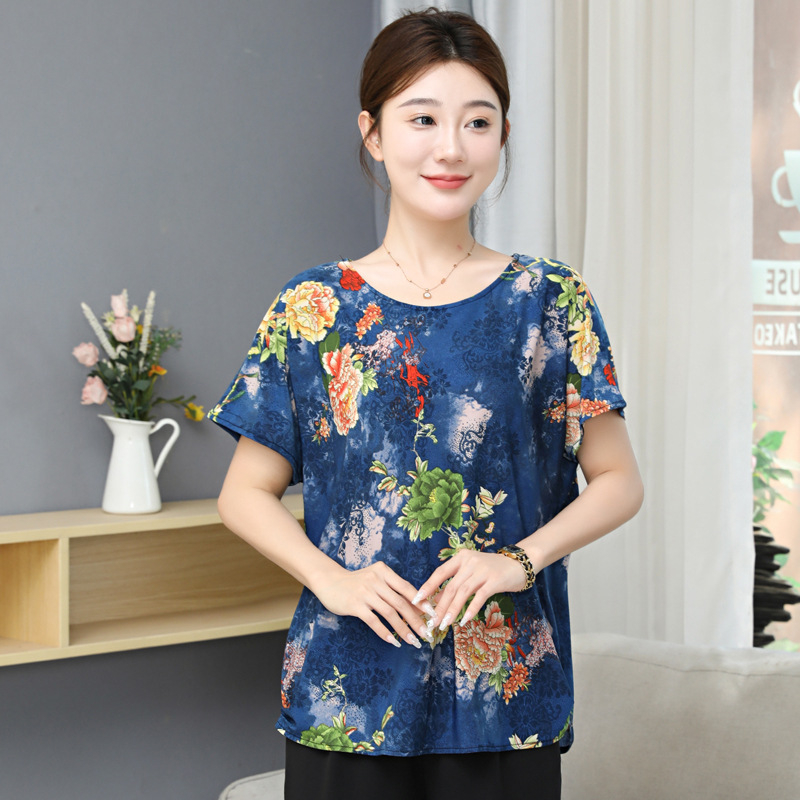 Poliesterska ženska majica za žene srednje dobi i starije, labav kroj, okrugli izrez, kratki rukav, cvjetni uzorak
