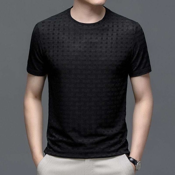 Tricou bărbați subțire, ușor, mânecă scurtă, guler rotund, poliester 96%+, model grilă geometrică