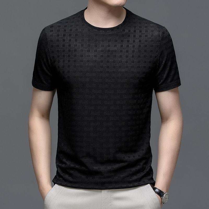 Tricou bărbați subțire, ușor, mânecă scurtă, guler rotund, poliester 96%+, model grilă geometrică