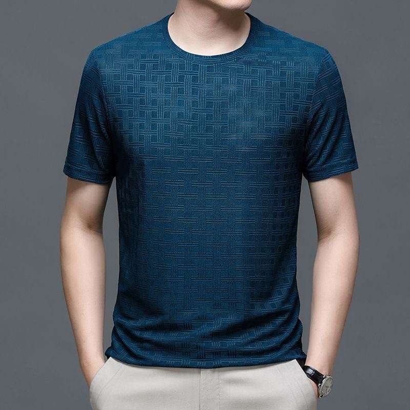 Tricou bărbați subțire, ușor, mânecă scurtă, guler rotund, poliester 96%+, model grilă geometrică