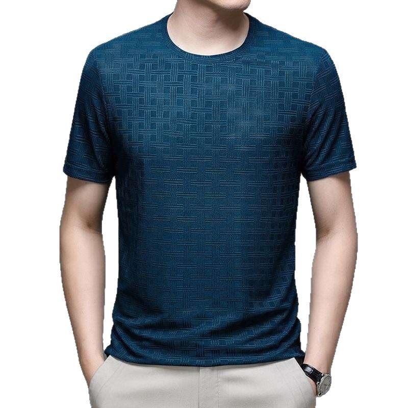 Tricou bărbați subțire, ușor, mânecă scurtă, guler rotund, poliester 96%+, model grilă geometrică
