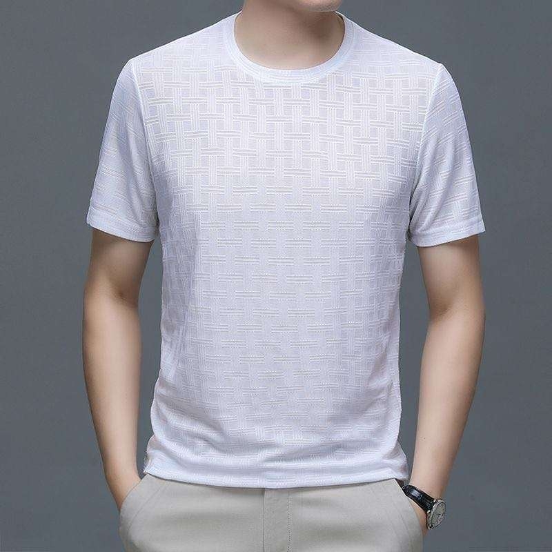 Tricou bărbați subțire, ușor, mânecă scurtă, guler rotund, poliester 96%+, model grilă geometrică