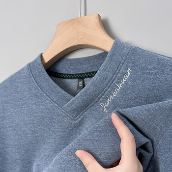 Tricou bărbați din lână, mâneci lungi, decolteu în V, broderie, Mu bao sheep, pentru primăvară și toamnă