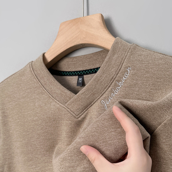 Tricou bărbați din lână, mâneci lungi, decolteu în V, broderie, Mu bao sheep, pentru primăvară și toamnă