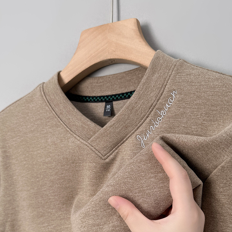 Tricou bărbați din lână, mâneci lungi, decolteu în V, broderie, Mu bao sheep, pentru primăvară și toamnă