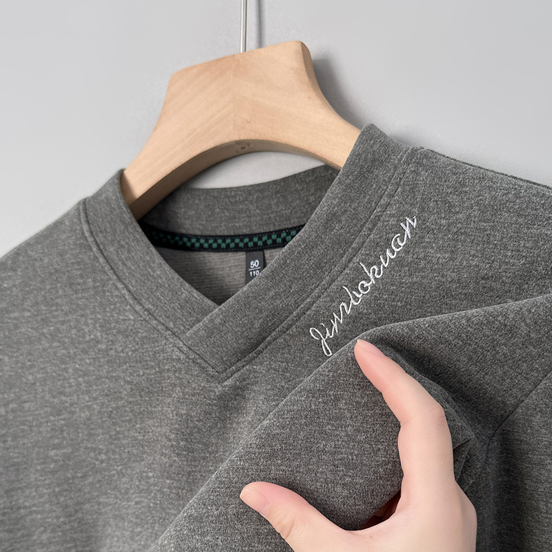 Tricou bărbați din lână, mâneci lungi, decolteu în V, broderie, Mu bao sheep, pentru primăvară și toamnă