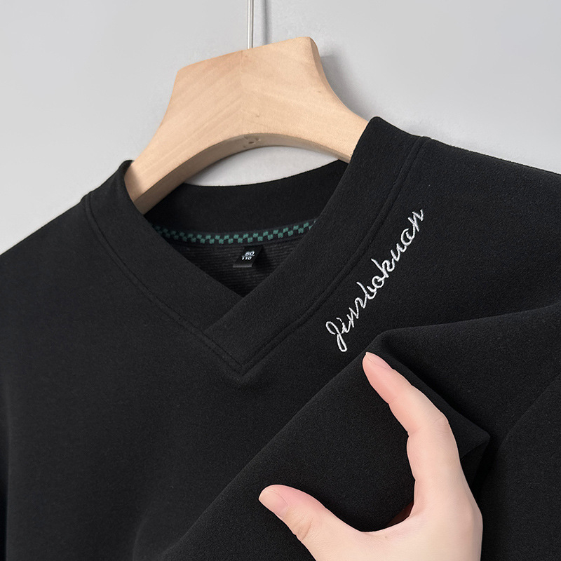 Tricou bărbați din lână, mâneci lungi, decolteu în V, broderie, Mu bao sheep, pentru primăvară și toamnă