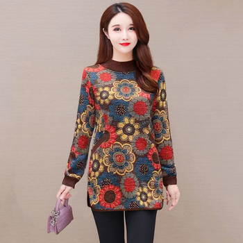 tricou cu imprimeu floral, mâneci lungi, guler semi-înalt, amestec poliester-elastan