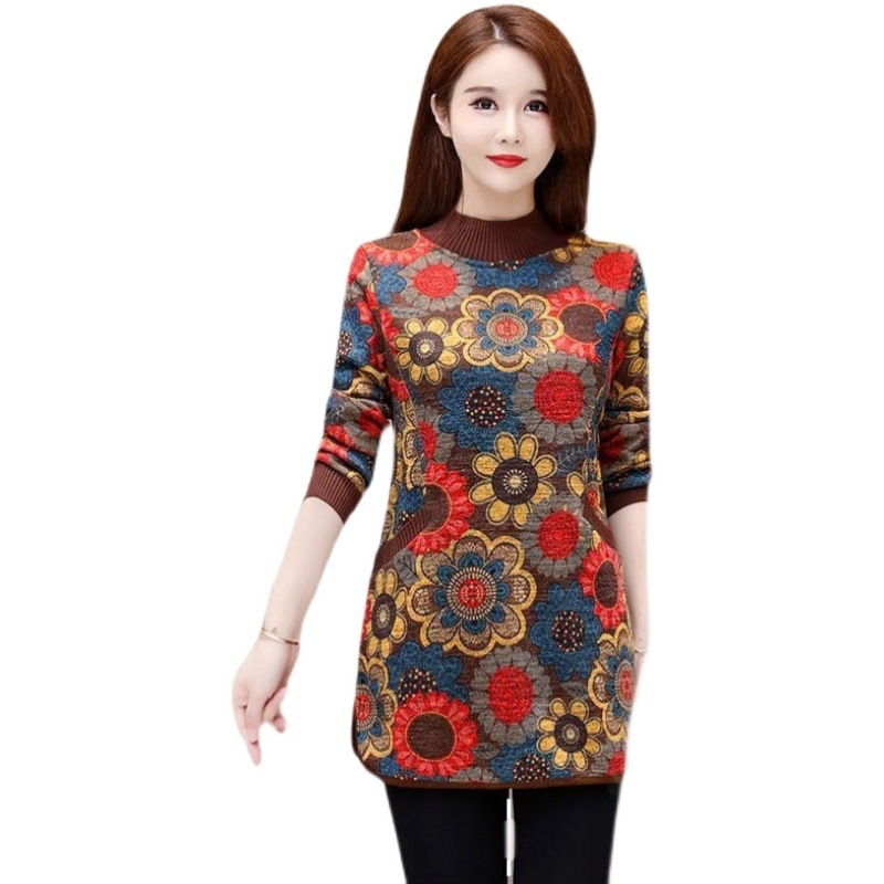 tricou cu imprimeu floral, mâneci lungi, guler semi-înalt, amestec poliester-elastan