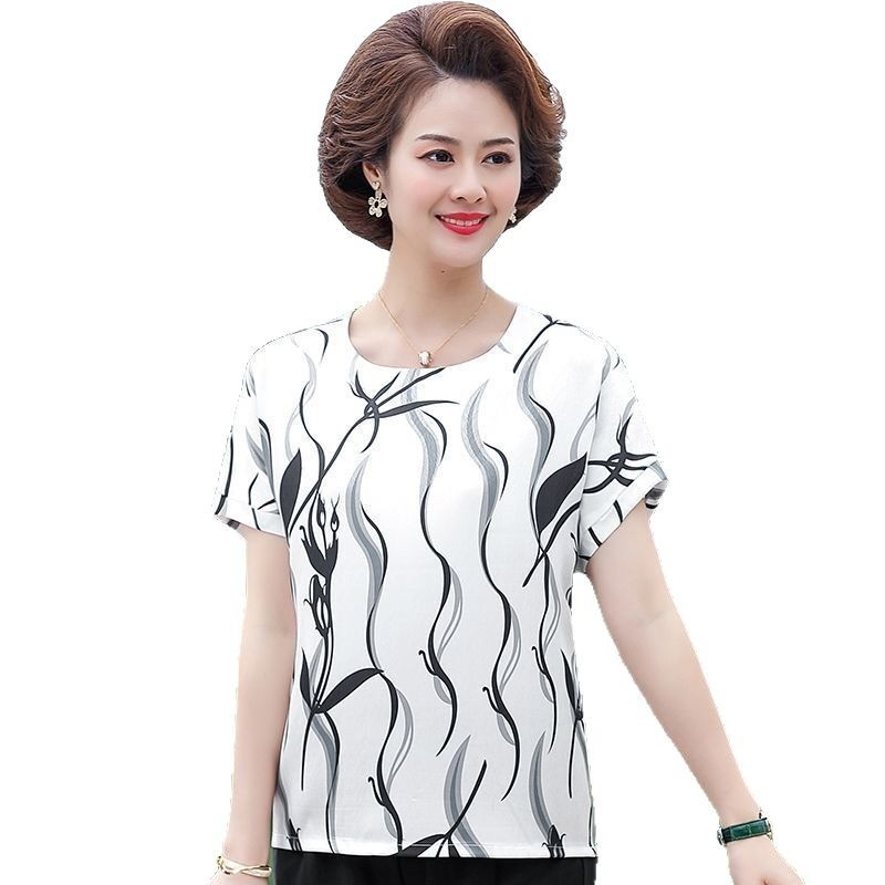 Moteriški Ice Silk trumpomis rankovėmis palaidinė su apvalia kaklo – plonas puloveris, kasdieniam stiliui; Audinys: Ice Silk; Spandex 80–90%; Poliesteris