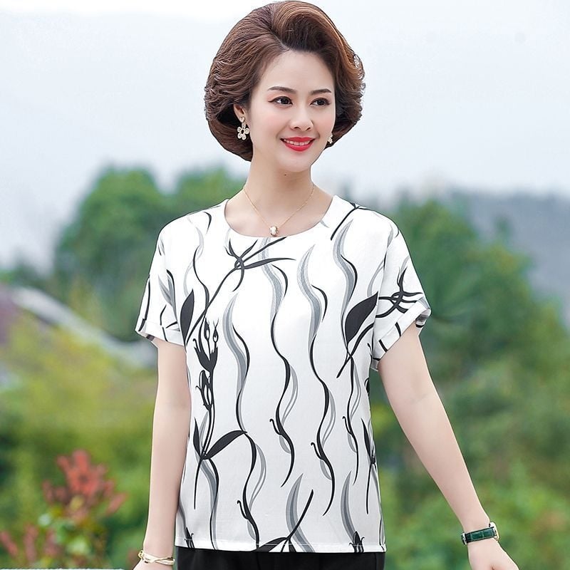 Moteriški Ice Silk trumpomis rankovėmis palaidinė su apvalia kaklo – plonas puloveris, kasdieniam stiliui; Audinys: Ice Silk; Spandex 80–90%; Poliesteris