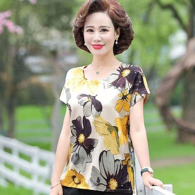 Moteriški Ice Silk trumpomis rankovėmis palaidinė su apvalia kaklo – plonas puloveris, kasdieniam stiliui; Audinys: Ice Silk; Spandex 80–90%; Poliesteris