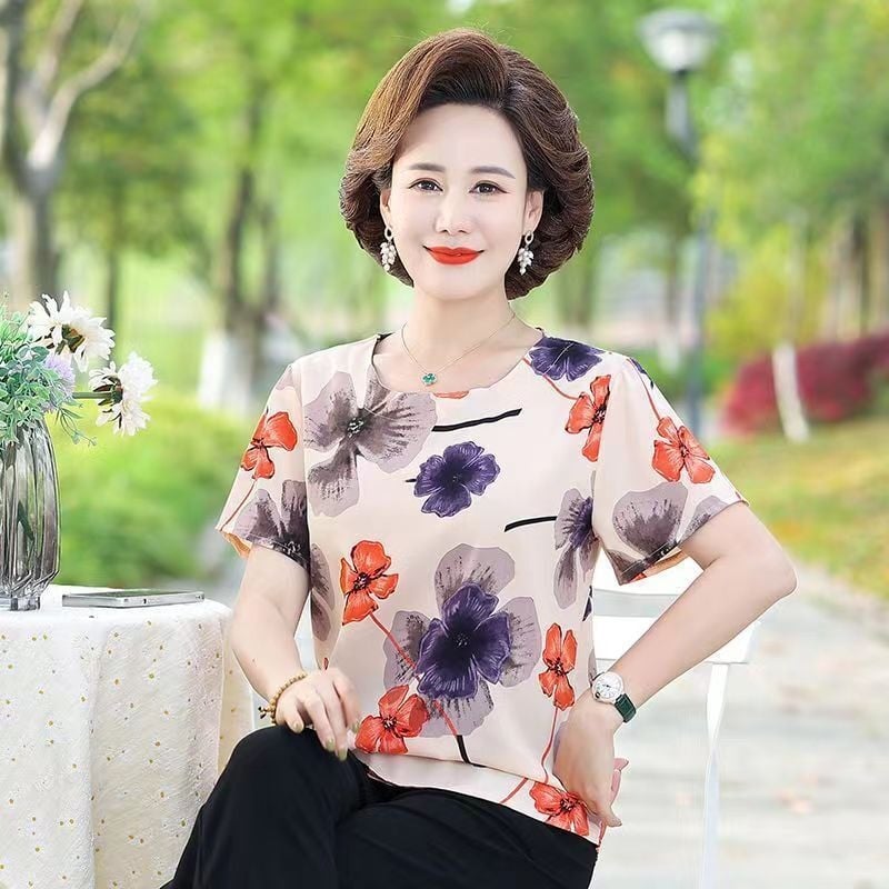 Moteriški Ice Silk trumpomis rankovėmis palaidinė su apvalia kaklo – plonas puloveris, kasdieniam stiliui; Audinys: Ice Silk; Spandex 80–90%; Poliesteris