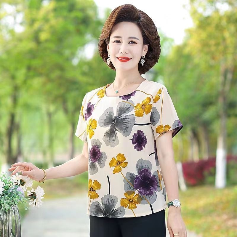 Moteriški Ice Silk trumpomis rankovėmis palaidinė su apvalia kaklo – plonas puloveris, kasdieniam stiliui; Audinys: Ice Silk; Spandex 80–90%; Poliesteris