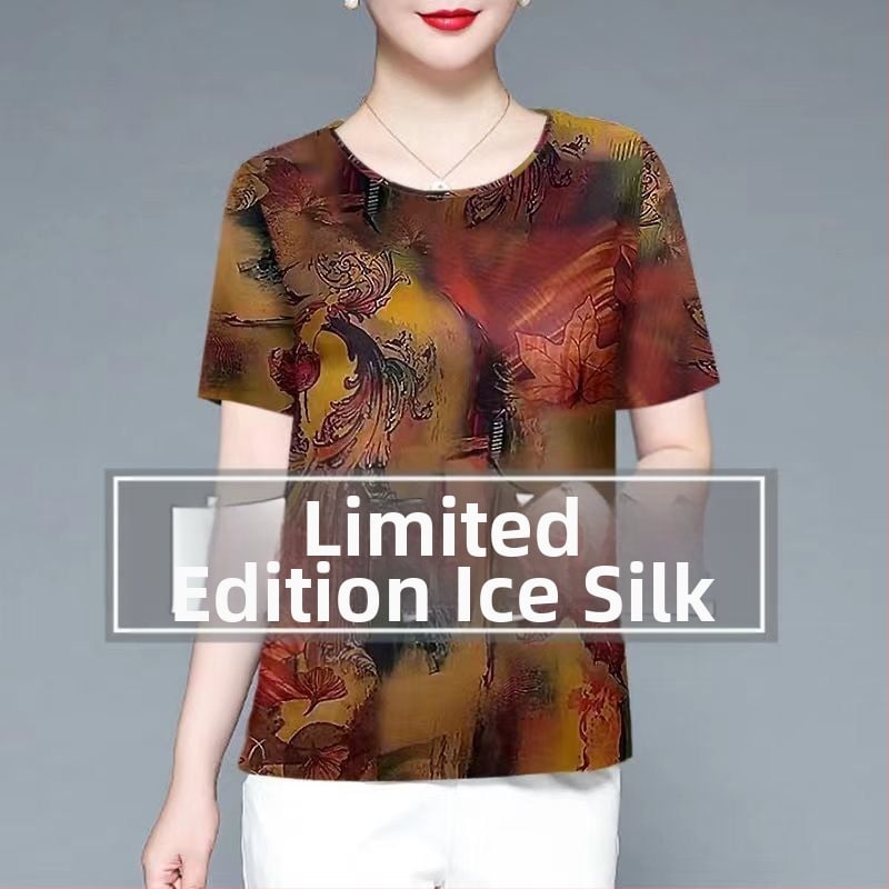 Moteriški Ice Silk trumpomis rankovėmis palaidinė su apvalia kaklo – plonas puloveris, kasdieniam stiliui; Audinys: Ice Silk; Spandex 80–90%; Poliesteris