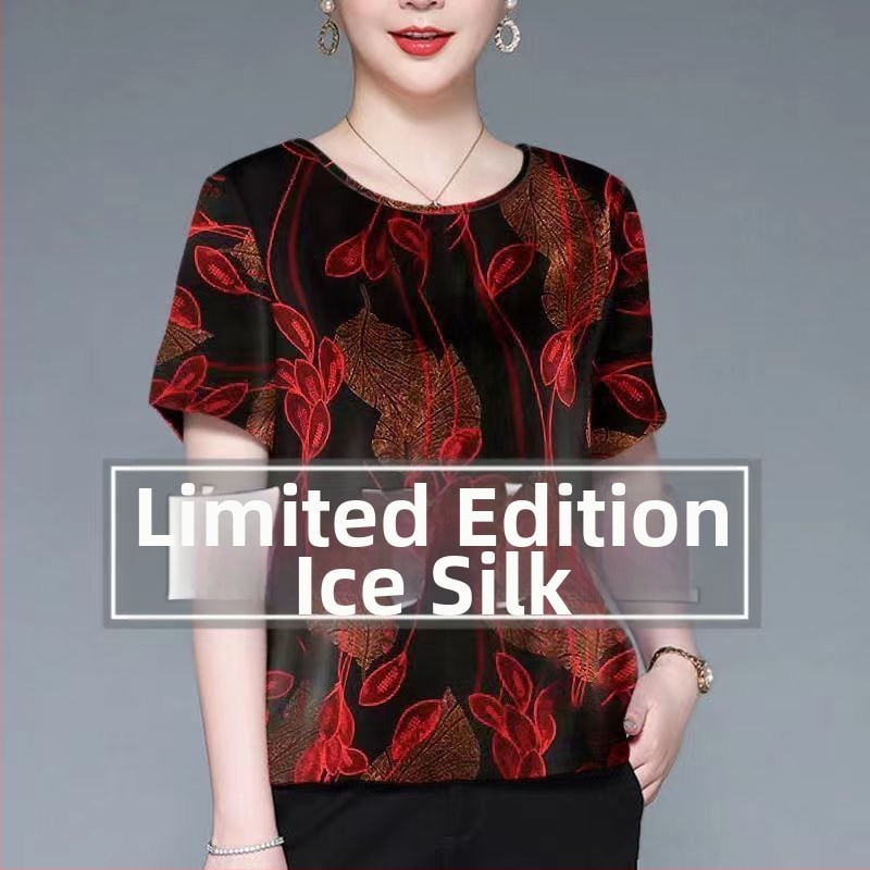 Moteriški Ice Silk trumpomis rankovėmis palaidinė su apvalia kaklo – plonas puloveris, kasdieniam stiliui; Audinys: Ice Silk; Spandex 80–90%; Poliesteris