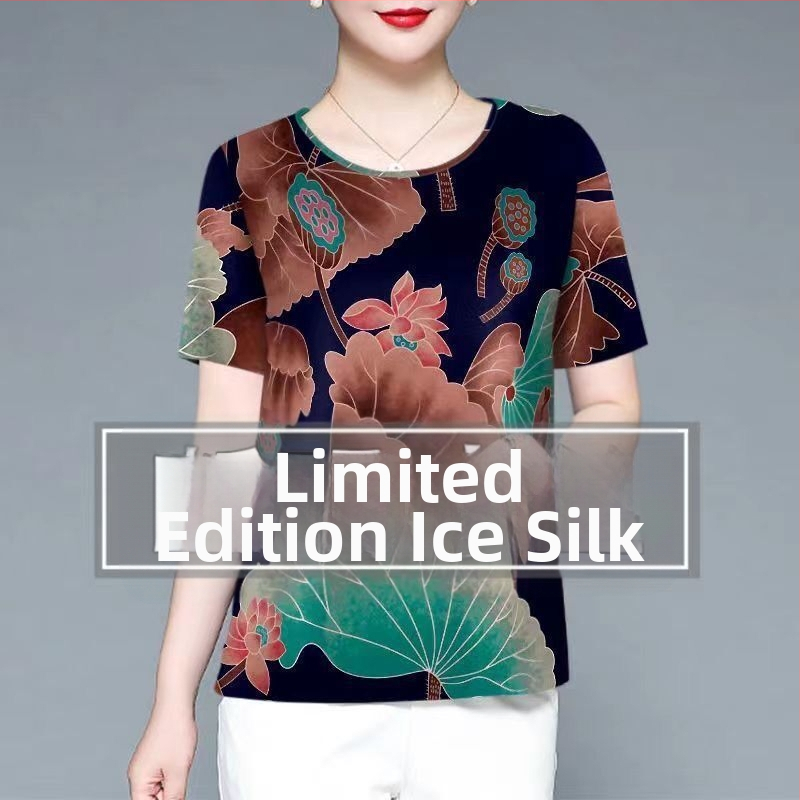 Moteriški Ice Silk trumpomis rankovėmis palaidinė su apvalia kaklo – plonas puloveris, kasdieniam stiliui; Audinys: Ice Silk; Spandex 80–90%; Poliesteris