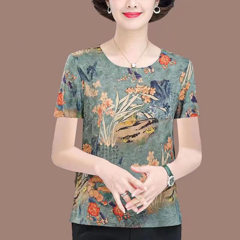 Moteriški Ice Silk trumpomis rankovėmis palaidinė su apvalia kaklo – plonas puloveris, kasdieniam stiliui; Audinys: Ice Silk; Spandex 80–90%; Poliesteris