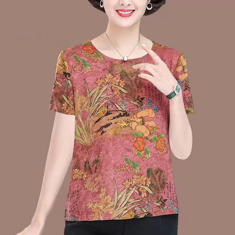 Moteriški Ice Silk trumpomis rankovėmis palaidinė su apvalia kaklo – plonas puloveris, kasdieniam stiliui; Audinys: Ice Silk; Spandex 80–90%; Poliesteris