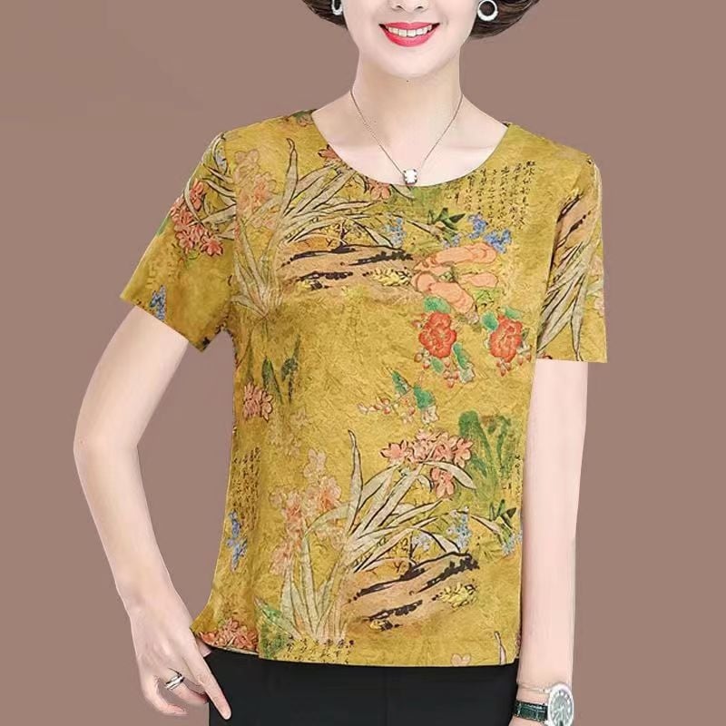 Moteriški Ice Silk trumpomis rankovėmis palaidinė su apvalia kaklo – plonas puloveris, kasdieniam stiliui; Audinys: Ice Silk; Spandex 80–90%; Poliesteris