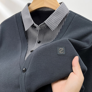 Tricou bărbătești cu dungi, mânecă lungă, guler tip rever, croială lejeră, amestec din fibre sintetice, poliester 91–95%