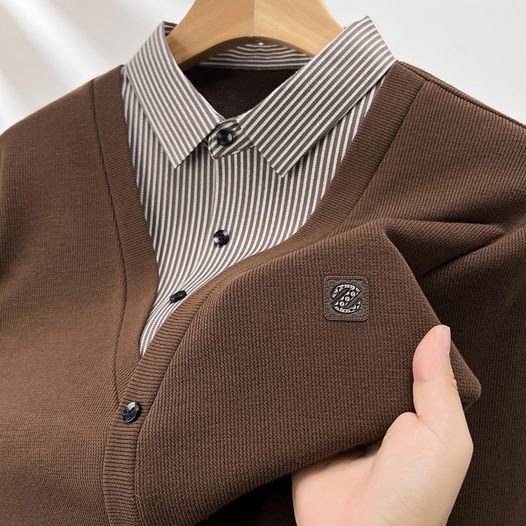 Tricou bărbătești cu dungi, mânecă lungă, guler tip rever, croială lejeră, amestec din fibre sintetice, poliester 91–95%