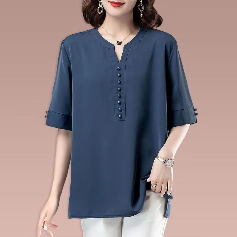 Tricou lejer pentru femei, mâneci 3/4, decolteu în V, poliester.