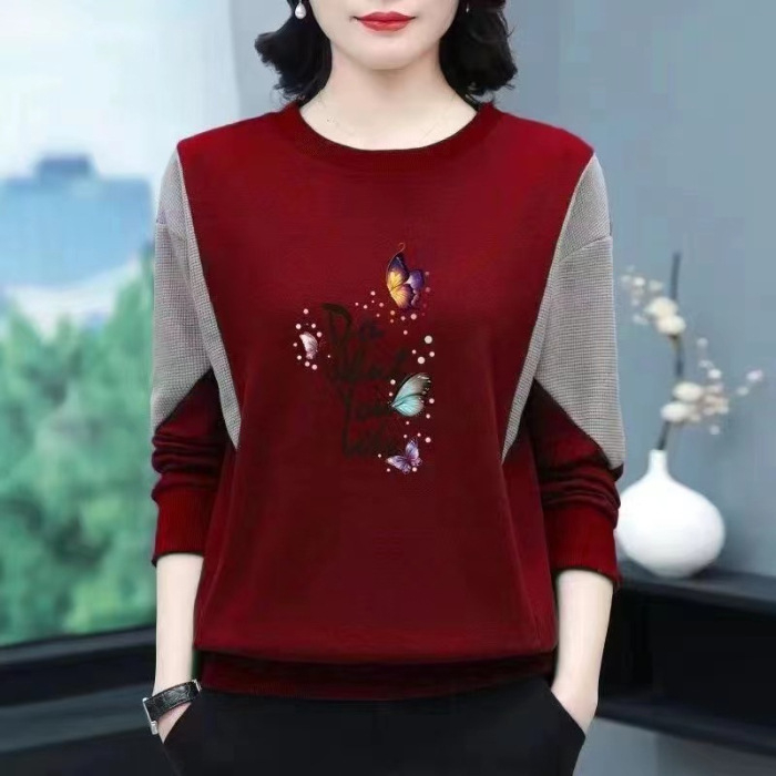 Tricou damă din bumbac cu mâneci lungi, imprimeu geometric, guler rotund, croială normală