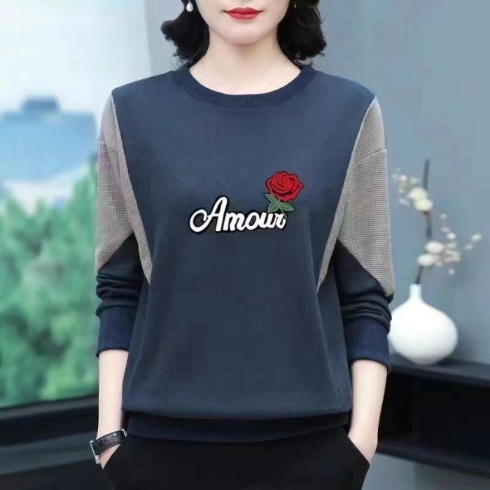 Tricou damă din bumbac cu mâneci lungi, imprimeu geometric, guler rotund, croială normală