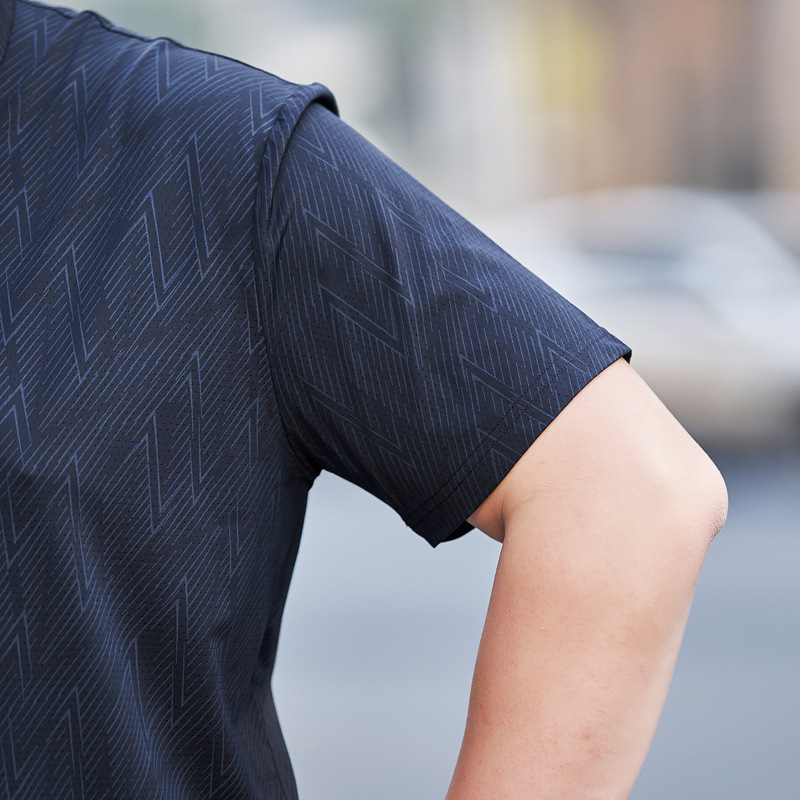 Tricou pentru bărbați, croială lejeră, guler rever, mâneci scurte, material nylon-spandex, imprimare geometrică digitală