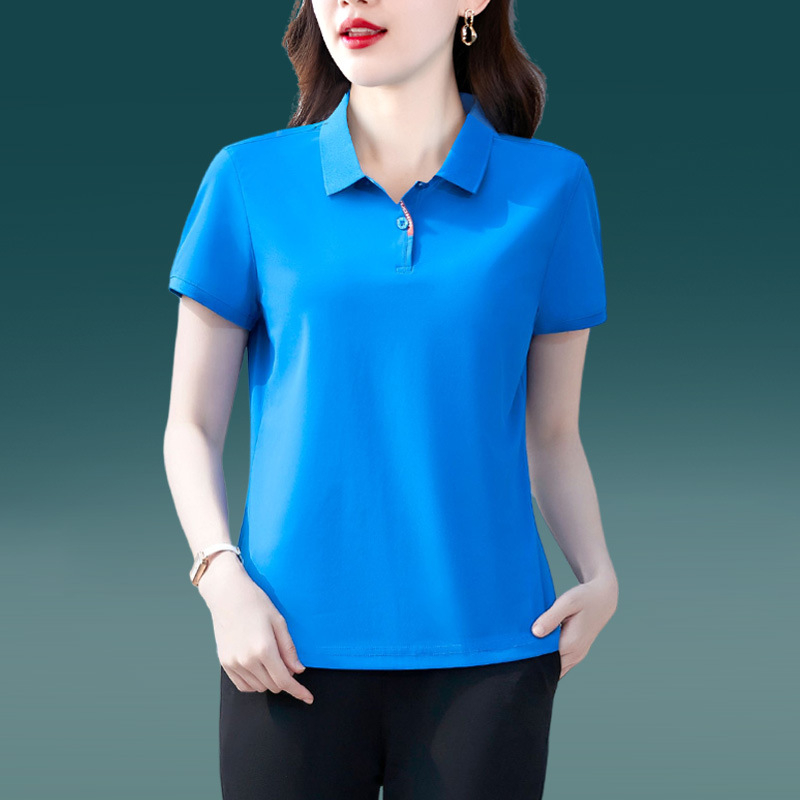 Tricou polo damă cu guler polo, mâneci scurte, lungime ultra scurtă (polieester 70–80%)
