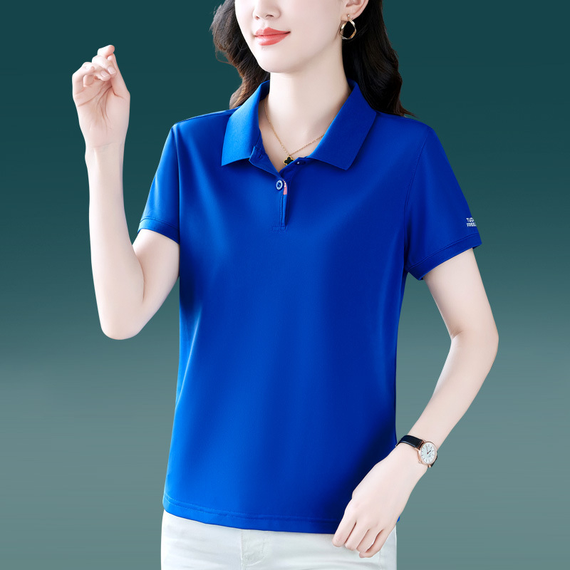 Tricou polo damă cu guler polo, mâneci scurte, lungime ultra scurtă (polieester 70–80%)