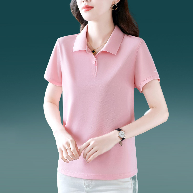 Tricou polo damă cu guler polo, mâneci scurte, lungime ultra scurtă (polieester 70–80%)