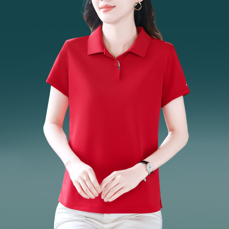 Tricou polo damă cu guler polo, mâneci scurte, lungime ultra scurtă (polieester 70–80%)