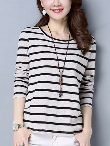 Tricou damă cu mâneci lungi, croială lejeră, model dungat, din amestec de bumbac-poliester, guler rotund