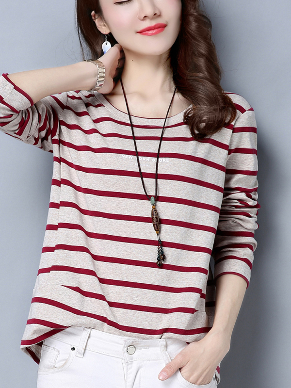 Tricou damă cu mâneci lungi, croială lejeră, model dungat, din amestec de bumbac-poliester, guler rotund